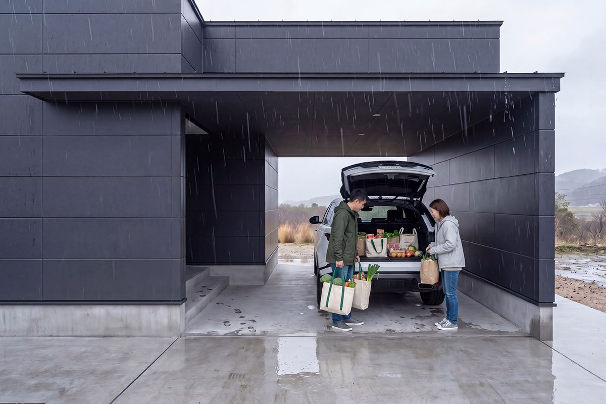 雨の日、車から玄関まで濡れずに荷物を運ぶ様子