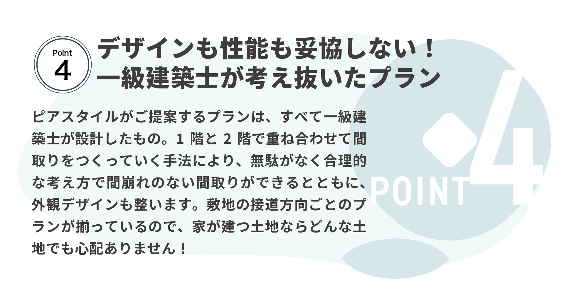 デザインも性能も妥協しない！ 一級建築士が考え抜いたプラン　ピアスタイルがご提案するプランは、すべて一級建築士が設計したもの。1階と2階で重ね合わせて間取りをつくっていく手法により、無駄がなく合理的な考え方で間崩れのない間取りができるとともに、外観デザインも整います。敷地の接道方向ごとのプランが揃っているので、家が建つ土地ならどんな土地でも心配ありません！