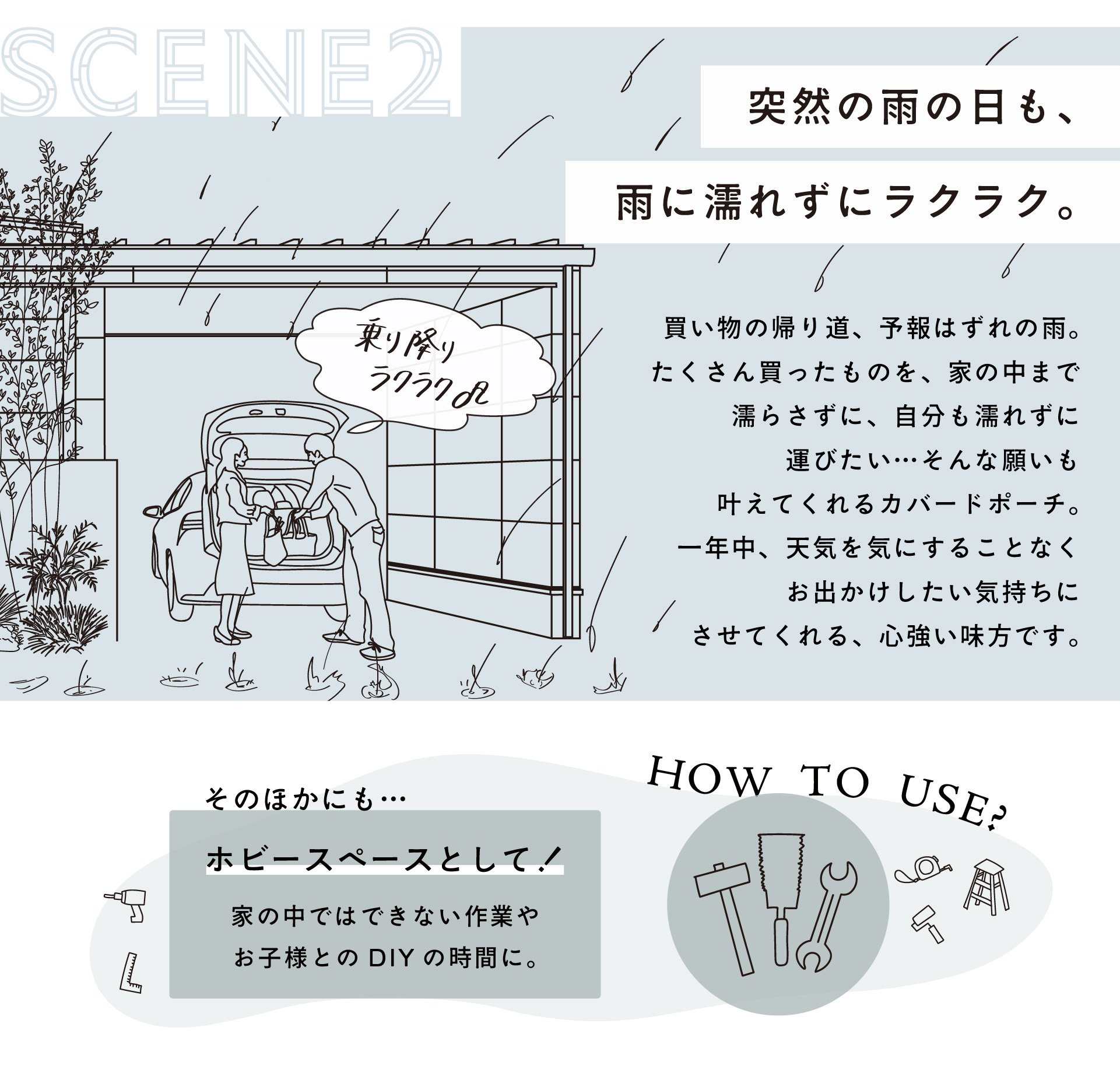 突然の雨の日も、雨に濡れずにラクラク。買い物の帰り道、予報はずれの雨。たくさん買ったものを、家の中まで濡らさずに、自分も濡れずに運びたい。そんな願いも叶えてくれるカバードポーチ。一年中、天気を気にすることなくお出かけしたい気持ちにさせてくれる、心強い味方です。ホビースペースとして。家の中ではできない作業やお子様とのDIYの時間に